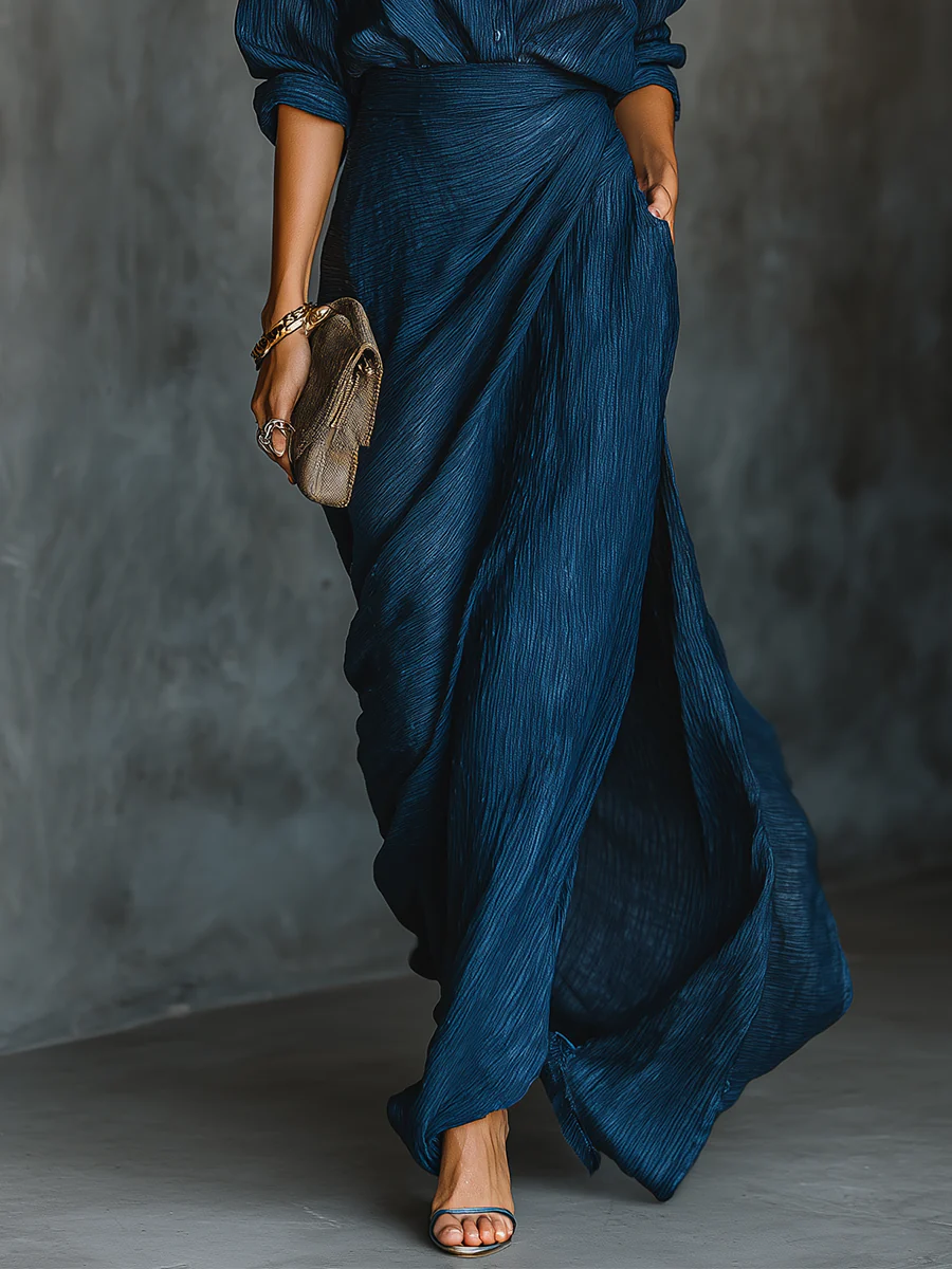 Hailey | Elegant Dark Blue Shirt &amp; Long Skirt Set